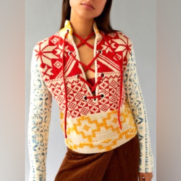 BDG Sweaters - NWT BDG Rian Lace-Up Sweater in Multi Red Size M